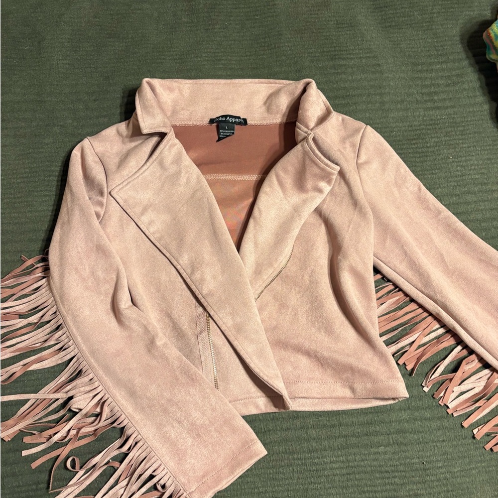 Soho Apparel Blush Pink Faux-Suede Fringe Jacket